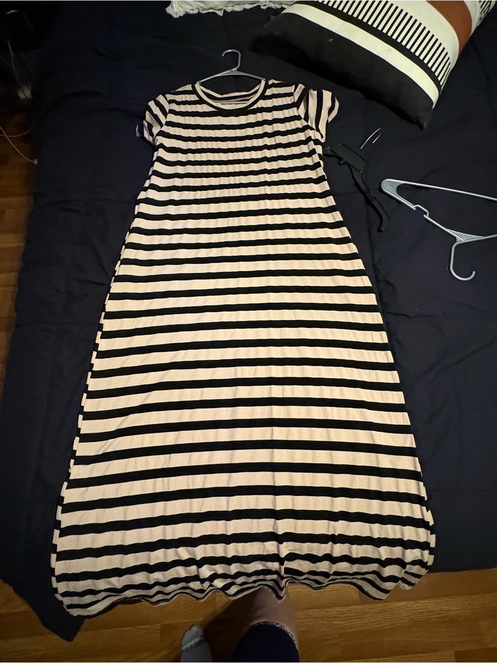 Striped Black and Cream Short-Sleeve Maxi Dress